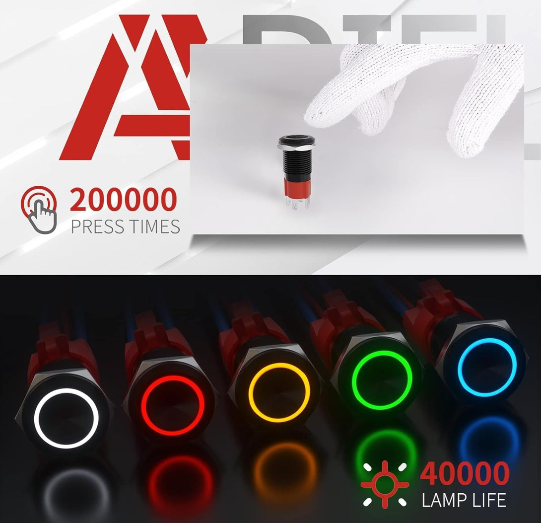 APIELE 10 Amp 16Mm Latching Push Button Switch 12V Angel Eye LED Waterproof round Self-Locking 1NO (Black Aluminum, White)