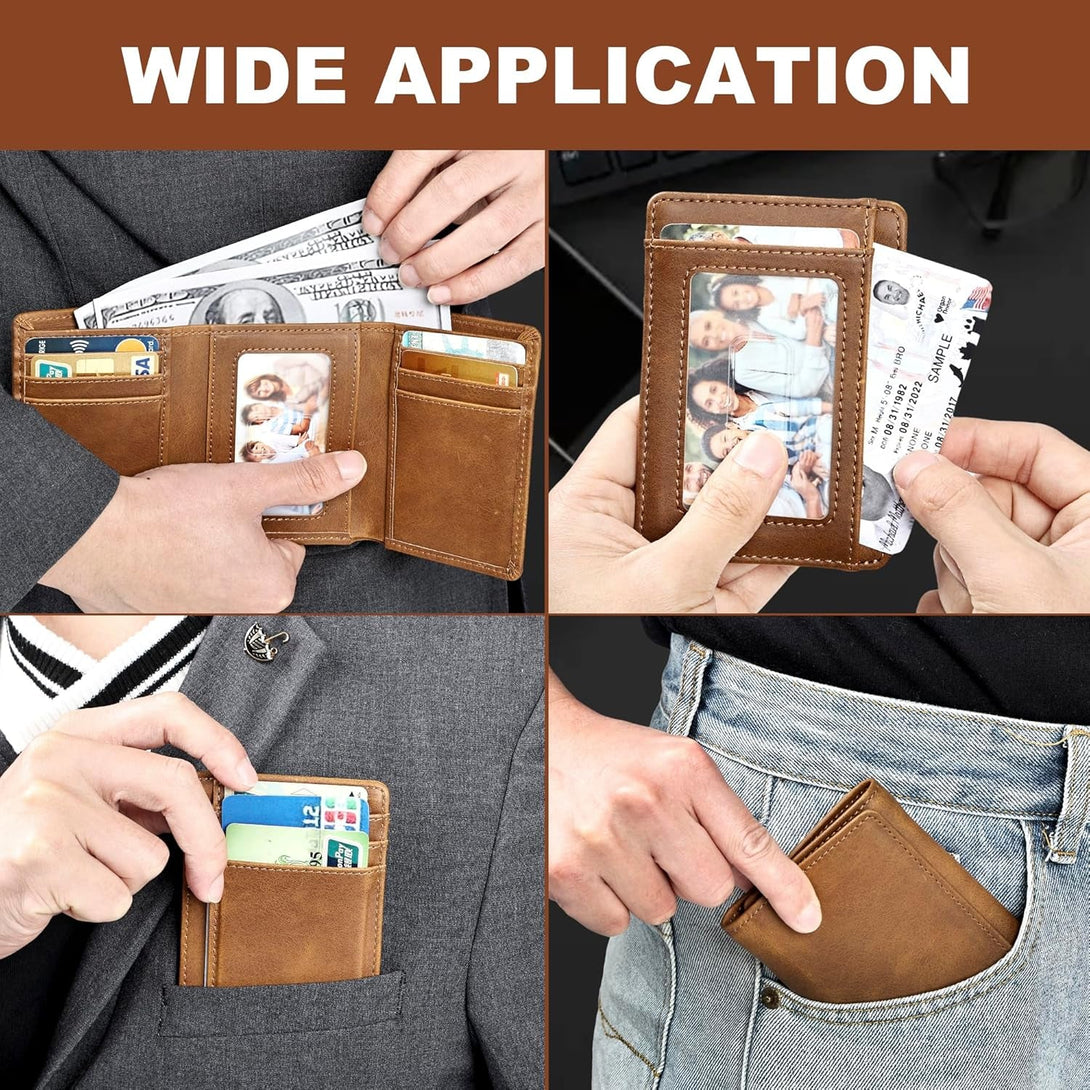 Trifold Wallet for Men Wallets with 8 Card Slot and 2 Money Pocket and 1 Clear Windows Slot + 1 Slim Card Pocket for Credit Card with 6 Card Slot and 1 Transparent Windows Slot - Brwon