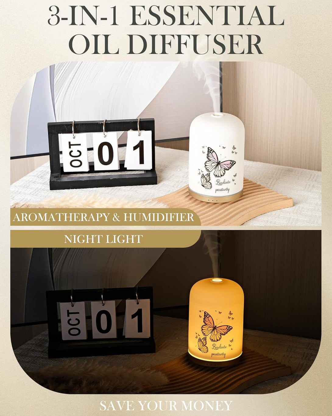 110ML Essential Oil Diffuser, Ceramic Diffusers for Essential Oils Large Room, Fragrance Aroma Diffuser with USB Cable, Warm Night Light and Auto-Off for Home Office Yoga Pilates,Butterflies