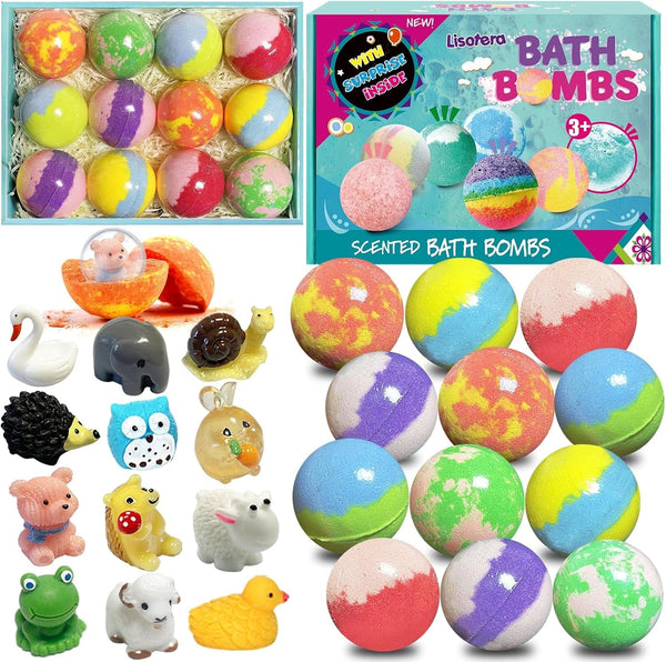 Bath Bombs for Kids, 12Pcs Bath Bombs with Surprise Toys Inside, Natural and Organic Colorful Bubble Bath Fizz Bomb for Kids, Gift Set for Birthday, Easter, Christmas for Boys and Girls