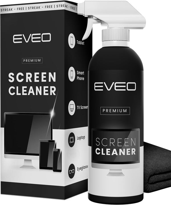 EVEO® Screen Cleaner Spray Kit (Streak-Free) TV Screen Cleaner for Smart TV, LCD, LED, OLED | Computer Screen Cleaner Spray and Wipe Microfiber Cloth for TV, Monitor, Laptop, Ipad, Car & More - 1 Pack