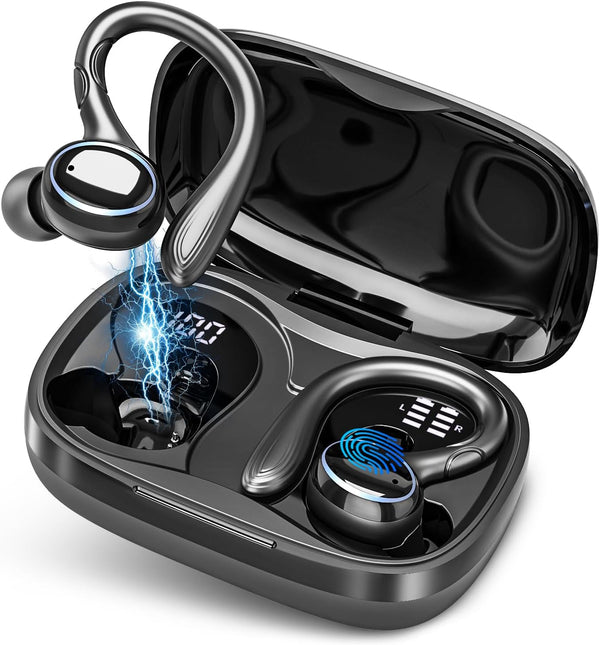 Wireless Earbuds Bluetooth 5.3 Headphones Stereo Ear Buds, ENC Noise Cancelling Mic,Ipx7 Waterproof Earphones with Hook for Android Ios Smart Phone Laptop Computer Sports - Black
