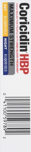 Coricidin HBP, Decongestant-Free Cold Symptom Relief for People with High Blood Pressure, Maximum Strength Cold & Flu Day + Night Liquid Gels, 24