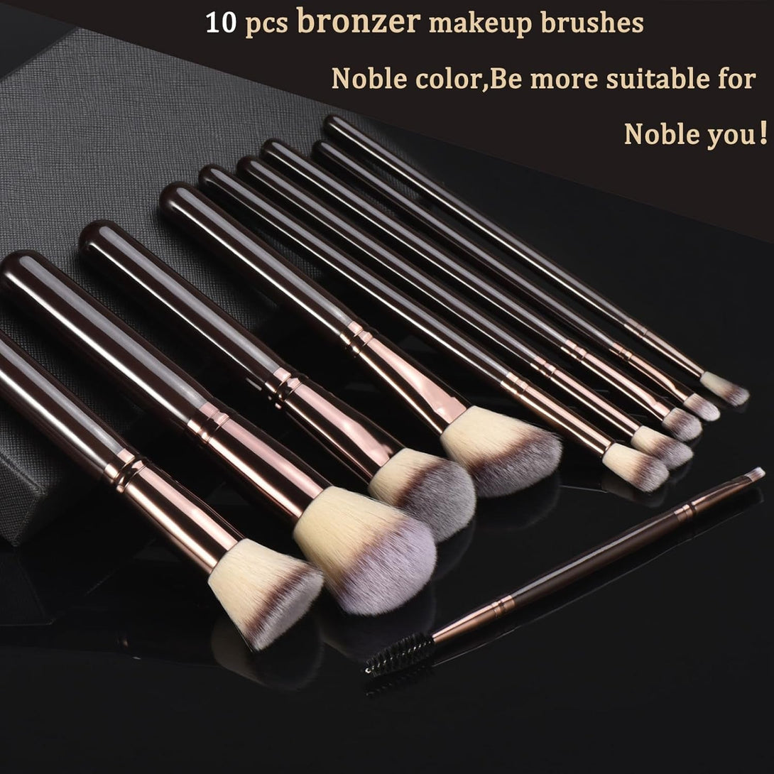 10 Piece Black Brown Makeup Brushes - Wooden Handle with Soft Synthetic Bristles,For Face & Eye Makeup|Professional Makeup Brushes Set for Women & Girls|