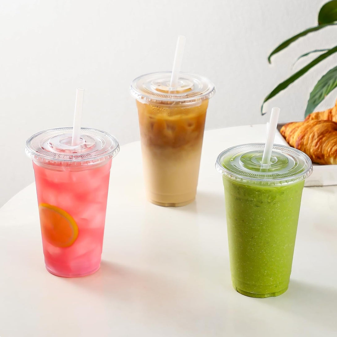 AOZITA [100 Sets] 12 Oz Clear Plastic Cups with Lids and Straws, Disposable Cups with Lids for Iced Coffee, Smoothie, Milkshake and Cold Drinks