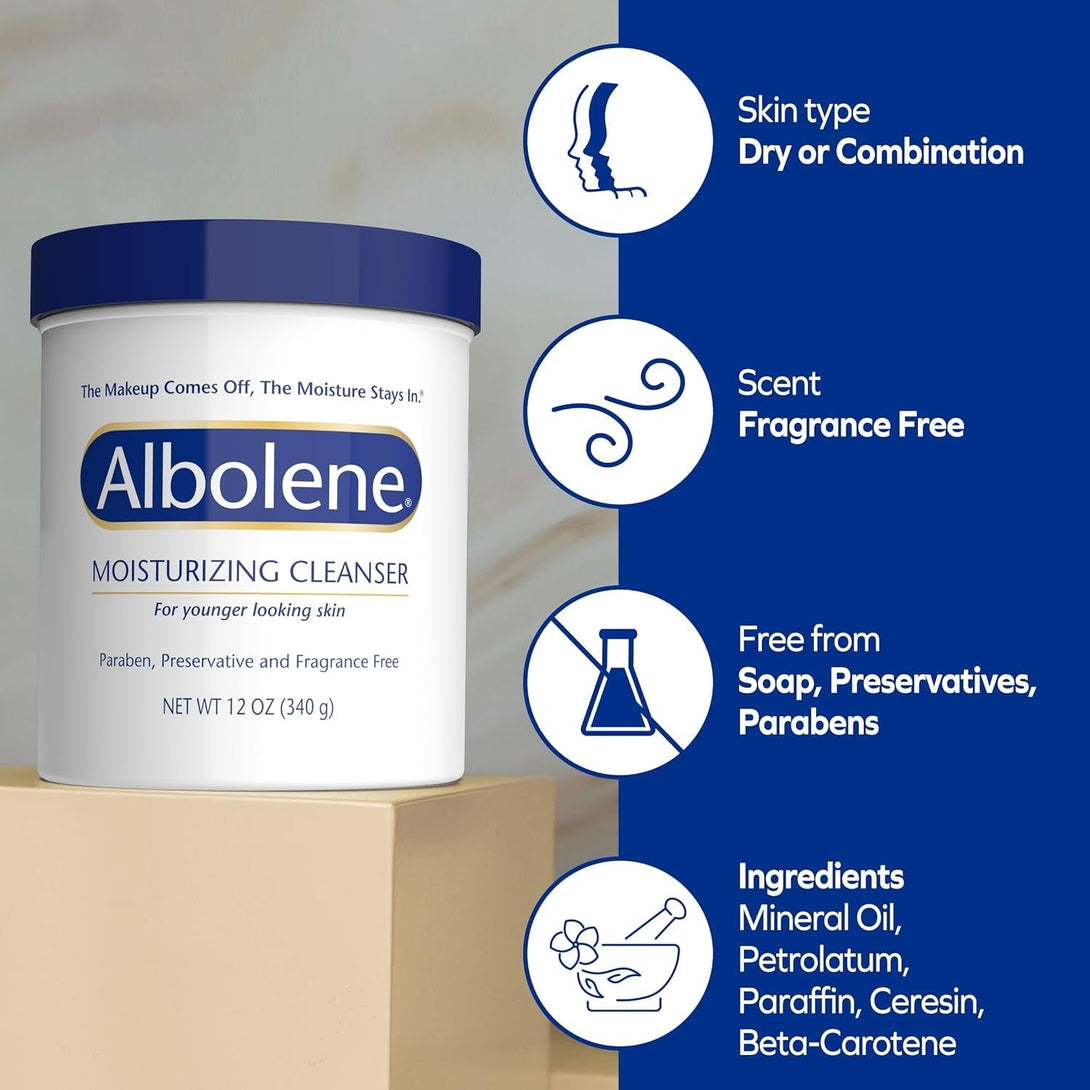 Albolene Face Moisturizer and Makeup Remover, Facial Cleanser and Cleansing Balm, Beta Carotene Fragrance Free Cream, 12 Oz
