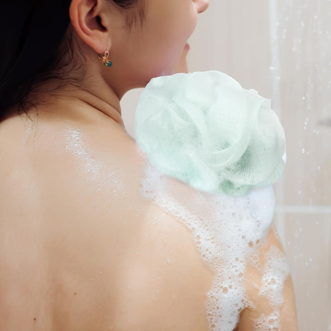 12 Pcs Travel Size Loofah Individually Wrapped, Small Shower Puff Bath Sponge Pouf Ball Bulk Mesh Bath Puff Mini Loofah Sponge with Case Bulk for Shower Care(Multicolor)