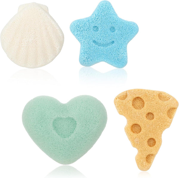 4 Pcs Bath Sponges, Natural Soft Cute Shapes Safe Foam Loofah Plant-Based Lots of Lather Stars Cheese Shape Heart Large Size Shower Body Sponges for Oily Dry Combination Skin Bathing