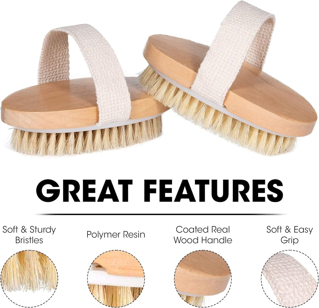 Dry Body Brush 2 Pack – Natural Boar Bristle Exfoliating Brush for Lymphatic Drainage, Cellulite, Dry Skin – Wooden Spa Scrub Brush with Strap for Bath, Shower & Self-Care