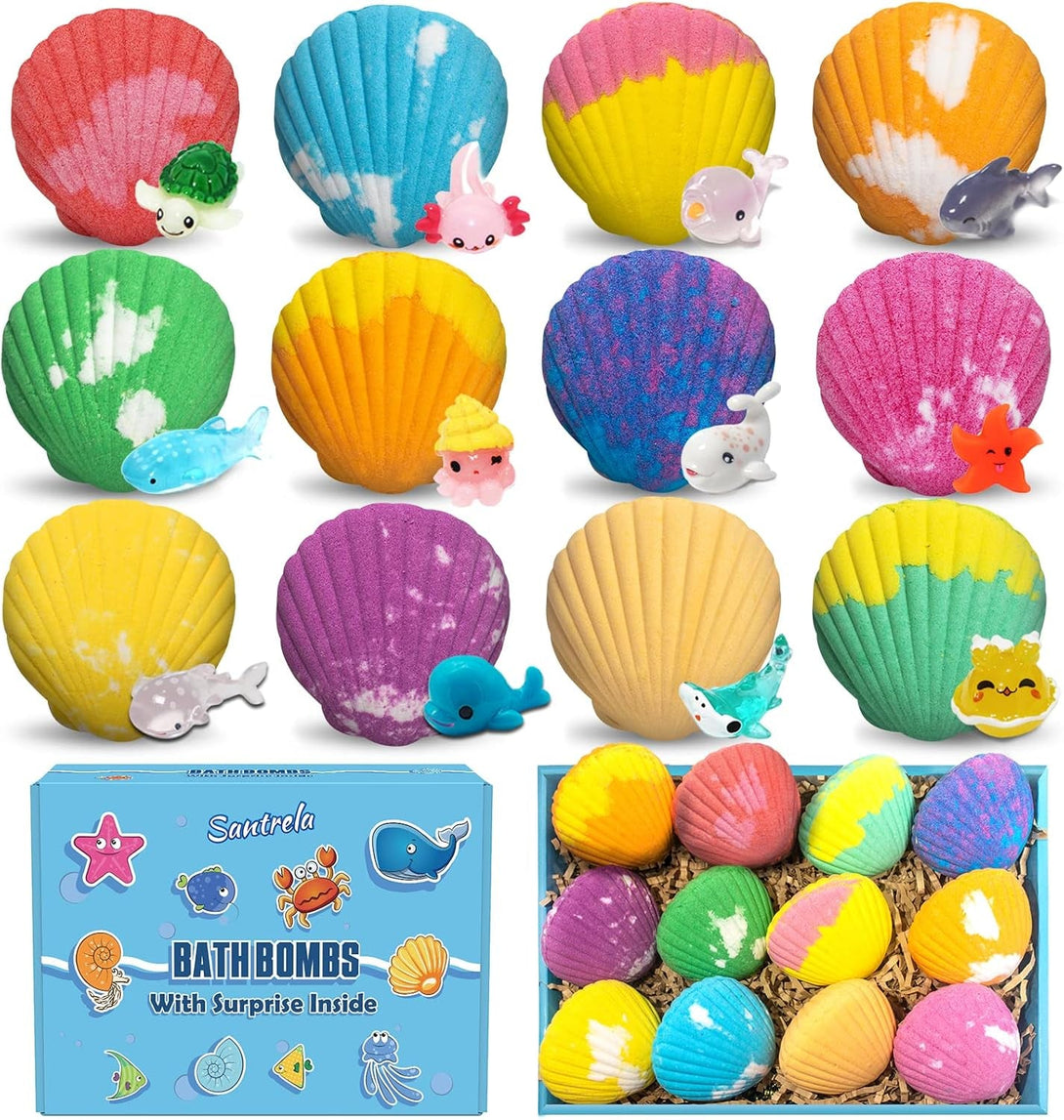 Bath Bombs for Kids with Surprise Toys Inside, 12 Pack Shell Kids Bath Bombs Gift Set for Girls Boys Birthday, Easter, Christmas, Halloween, Handmade Organic Bath Fizzy Bomb with Sea Animal for Child