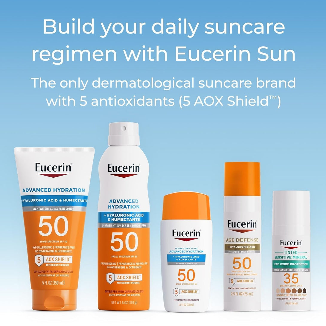 Eucerin Sun Tinted Age Defense SPF 50 Face Sunscreen Lotion with Hyaluronic Acid, Hypoallergenic, Non-Comedogenic Tinted Sunscreen SPF 50 Free of Fragrance, Oxybenzone and Octinoxate, 2.5 Fl Oz Bottle