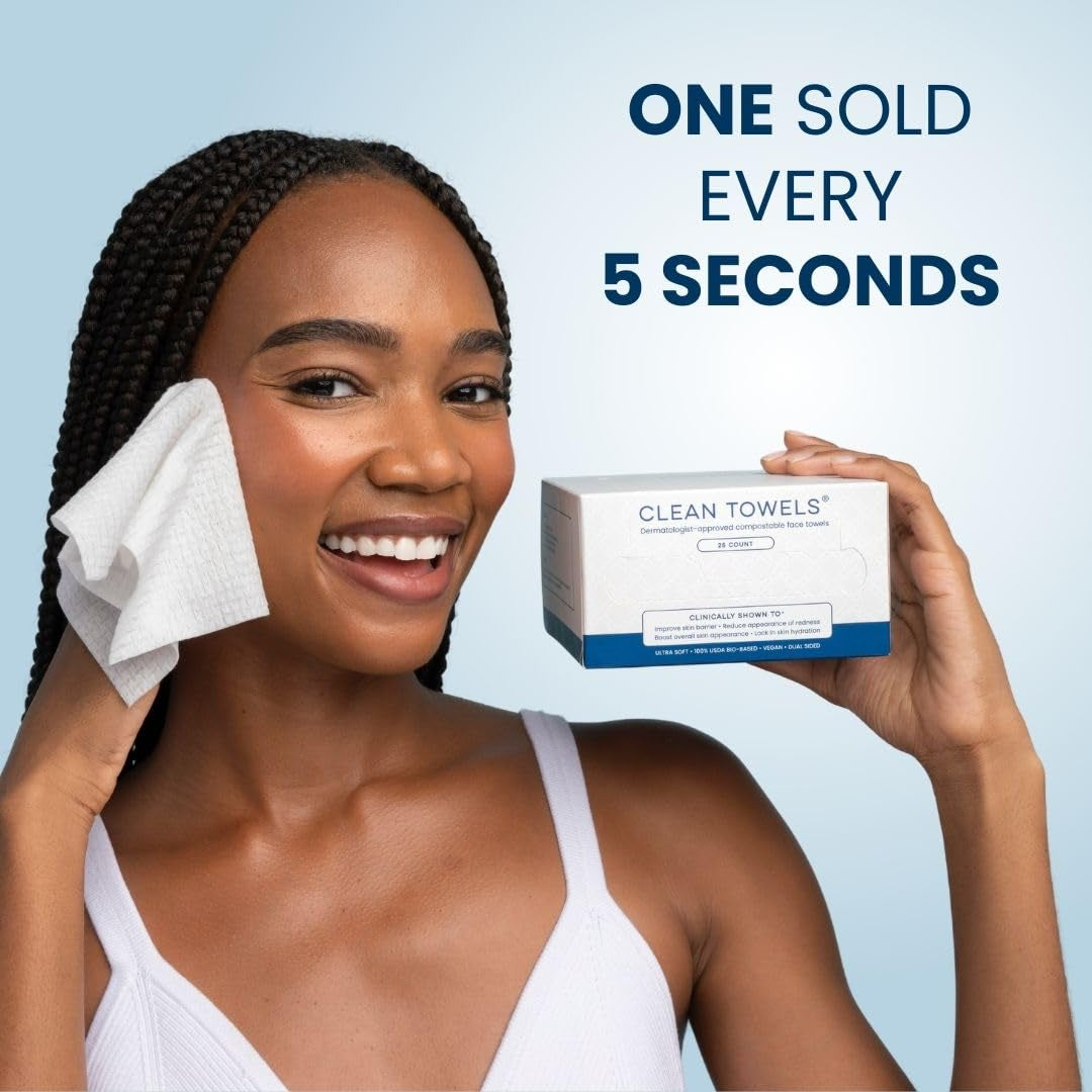 Clean Skin Club Clean Towels™, 100% USDA Biobased Dermatologist Approved Face Towel, Disposable Clinically Tested Face Towelette, Facial Washcloth, Ultra Soft Makeup Remover Dry Wipes, 1 Pack, 25 Ct