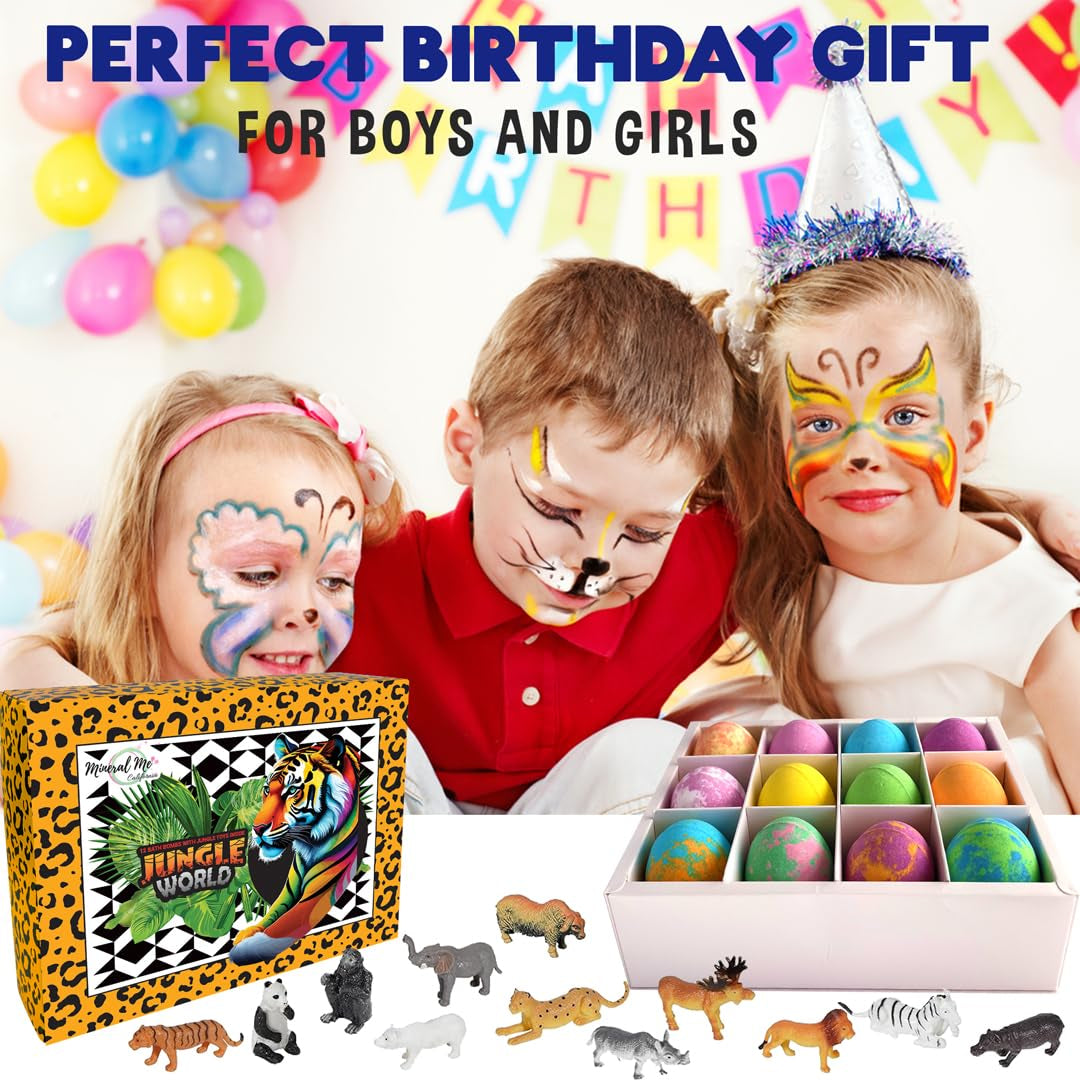 Bath Bombs for Kids with Surprise Inside- 12 Pk Kids Bath Bombs with Jungle Toys, Organic, Natural, Skin-Moisturizing Bubble Bathbombs. Birthday Gifts for Boys, Girls, Toddlers