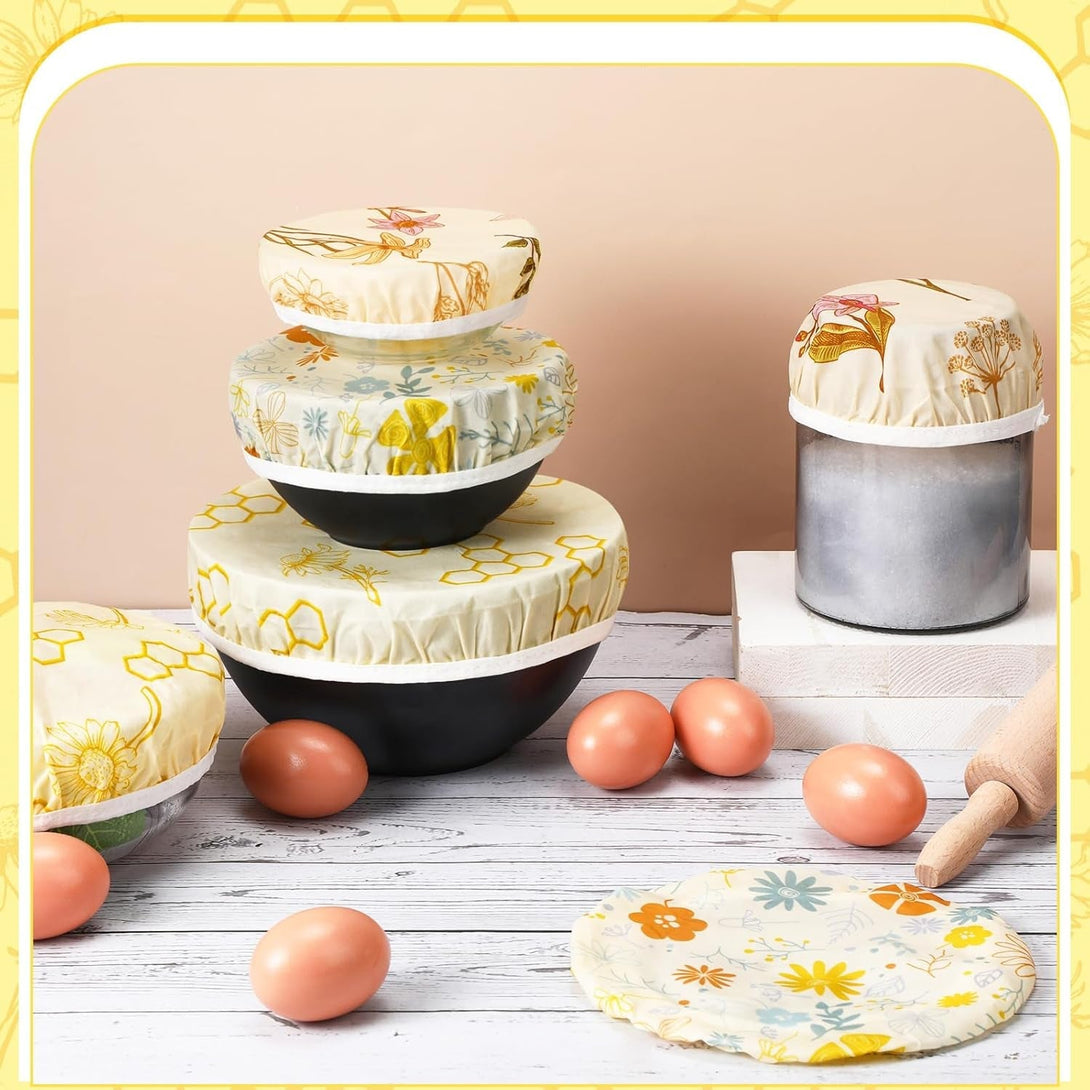 6 Pcs Beeswax Bowl Covers Reusable Cloth Bowl Covers Elastic Fabric Dish Cover Beeswax Food Wraps Cotton Kitchen Storage Containers Lids Kitchen Gifts for Bread Leftover Food Fruits Salad