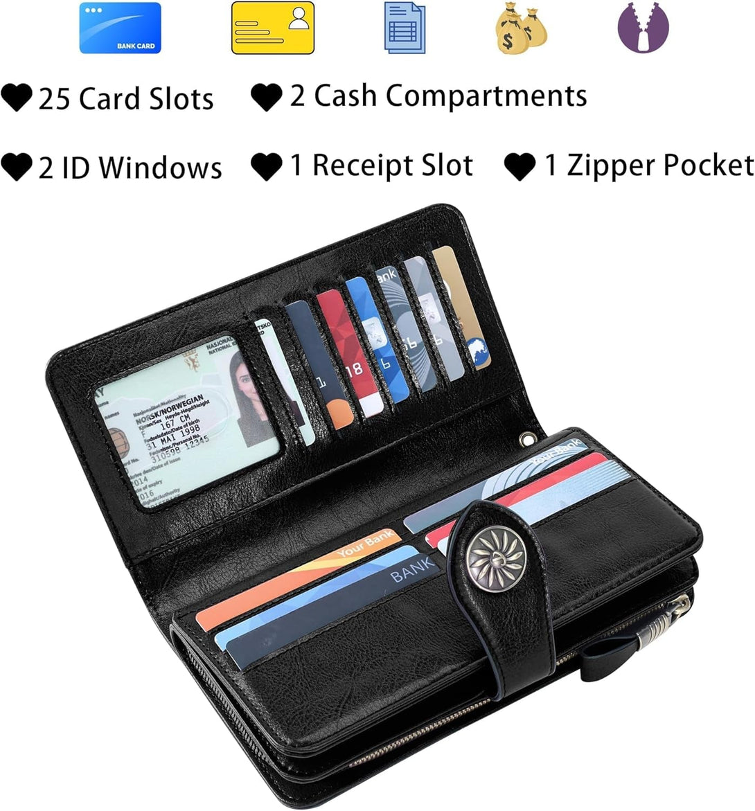 Travelambo Women'S Wallet RFID Blocking Credit Card Holder Large Capacity Wristlet Leather Wallets Purse