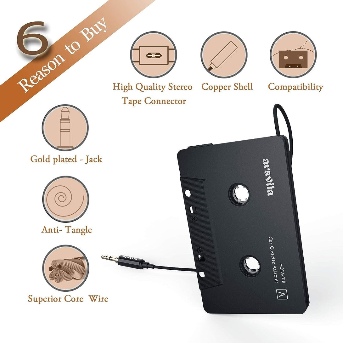Arsvita Car Audio Cassette to Aux Adapter, 3.5 MM Auxillary Cable Tape Adapter