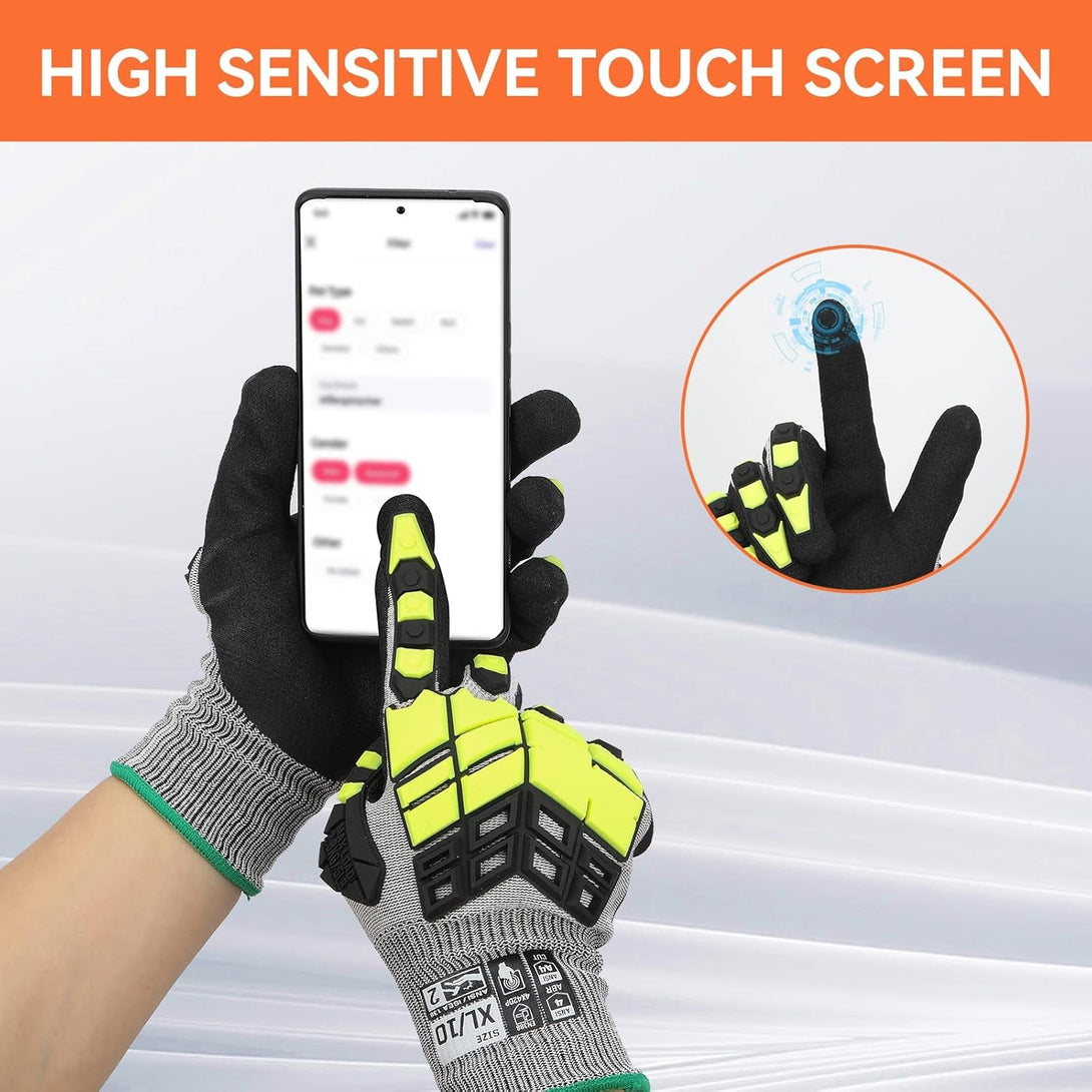 2 Pairs Safety Work Gloves,Impact Gloves for Men Women,Cut Resistant Non-Slip Heavy Duty Gloves with Nitrile Grip,Touch Screen Glove with Impact Protection for Mechanic Construction, Medium