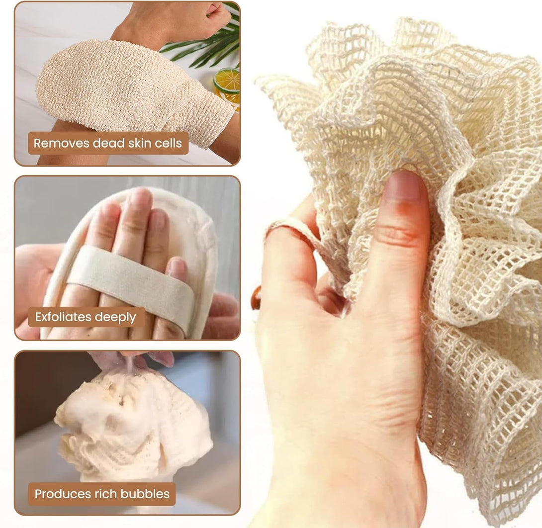 Loofah Exfoliating Body Scrubber Pack - Ramie Shower Pouf, Natural Bath Sponge, Women Bathing Sponges for Exfoliation, Organic Washing Glove, Soft Mesh Exfoliator, Cleaning Mitten