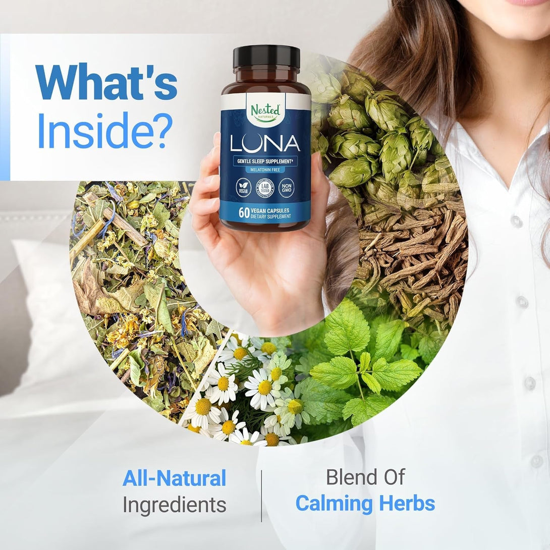Nested Naturals Luna Sleep Supplement, Melatonin Free, Non-Habit Forming Herbal Sleep Supplement, Adult Bedtime Support, Help Sleeping W/Chamomile, Valerian, L-Theanine, 60 Vegan Capsules