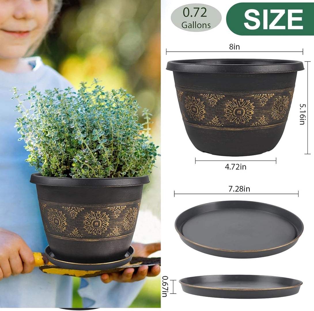 6 Pack 8 Inch Plant Pots, Retro Pattern Planters with Drainage Holes and Saucer, Sturdy Plastic Garden Flower Pots for Indoor & Outdoor Plants