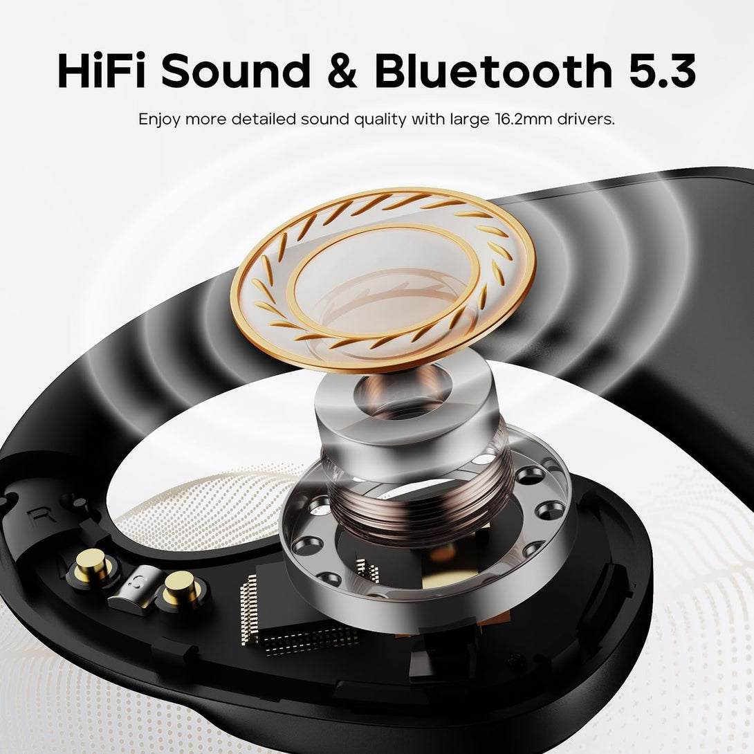 Tribit Open-Ear Headphones Opengo, Wireless Earbuds with Bluetooth 5.3, IPX5 Waterproof Sport Earphones, 104H Playtime with Charging Case, Ergonomic Earhooks, LED Display, Built-In Mic for Workout