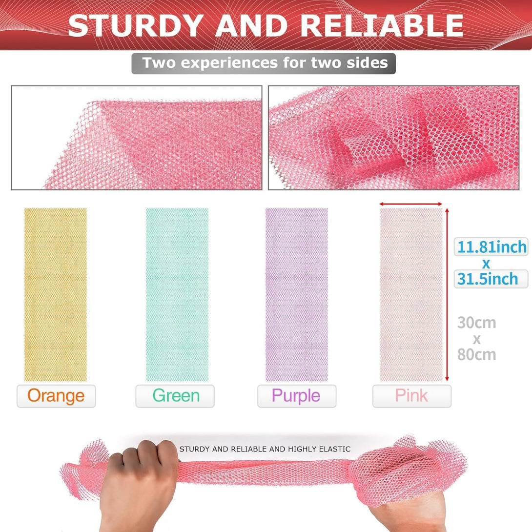 4 African Net Sponge Mesh Long Mesh Bath Sponges - Exfoliates and Refreshes Skin for a Silky Smooth Shower Experience (Purple, Pink, Green, Orange)