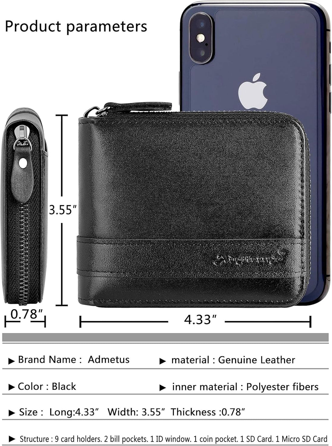 Admetus Men'S Genuine Leather Short Zip-Around Bifold Wallet