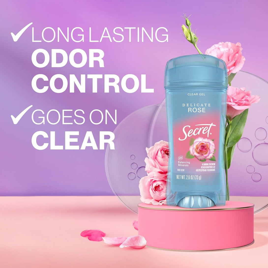 Secret Fresh Antiperspirant Deodorant for Women, 72Hr Breathable Sweat & Odor Protection, Instant Freshness & Gentle, PH Balancing Minerals, Clear Gel, Delicate Rose Scent, 2.6 Oz