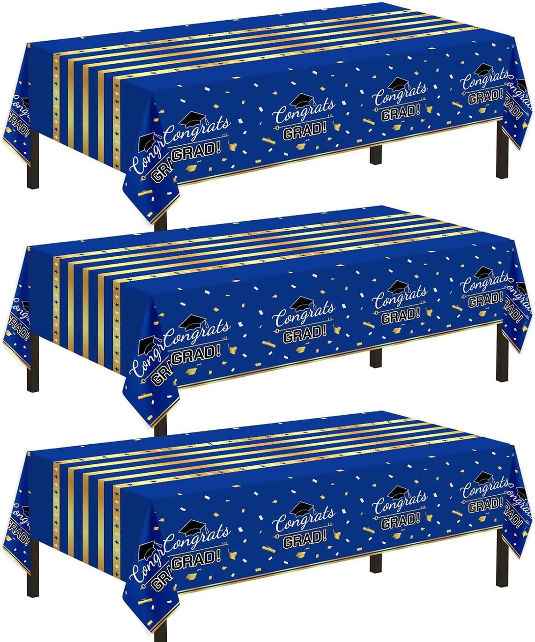 Childom 3 Pack Graduation Tablecloth,Graduation Party Decorations 2025 Blue and Gold,54"X108" Disposable Plastic Table Cloth,Waterproof Plastic Disposable Tablecloth for Home,School,Party Supplies