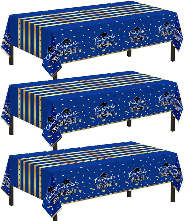 Childom 3 Pack Graduation Tablecloth,Graduation Party Decorations 2025 Blue and Gold,54"X108" Disposable Plastic Table Cloth,Waterproof Plastic Disposable Tablecloth for Home,School,Party Supplies