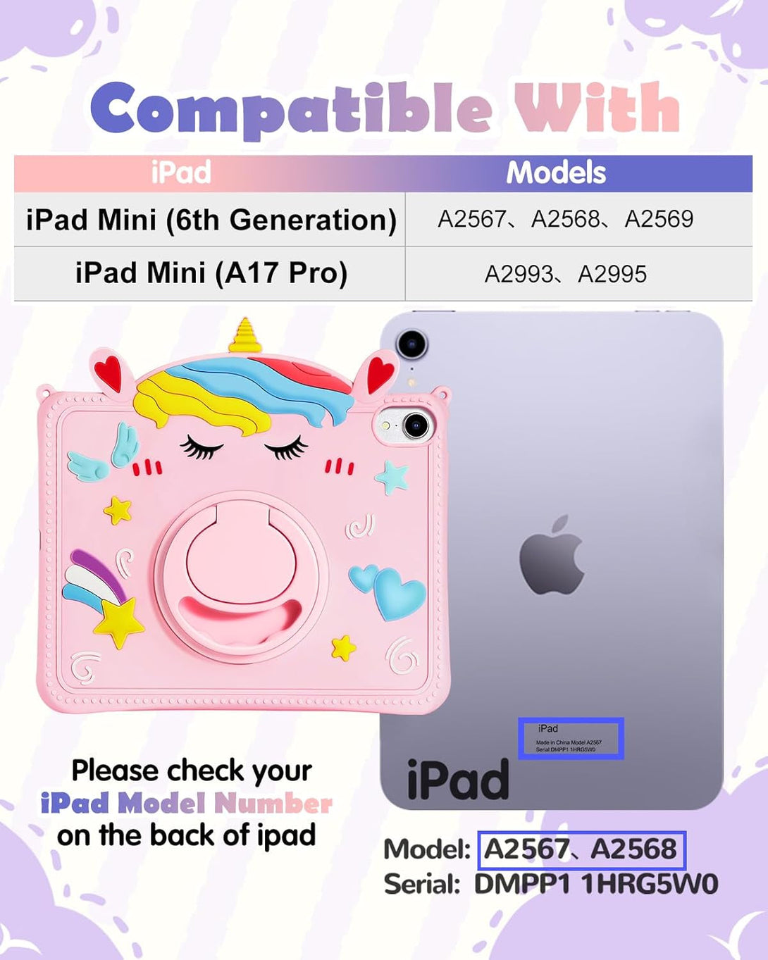 For Ipad Mini A17 Pro/6 Generation Case - 8.3 Inch Mini 7Th/6Th 2021 Gen Case with Pen Holder Cute Cartoon Unicorn Silicone Tablet Cover with Rotating Stand & Strap Girly Teens Girls Funda