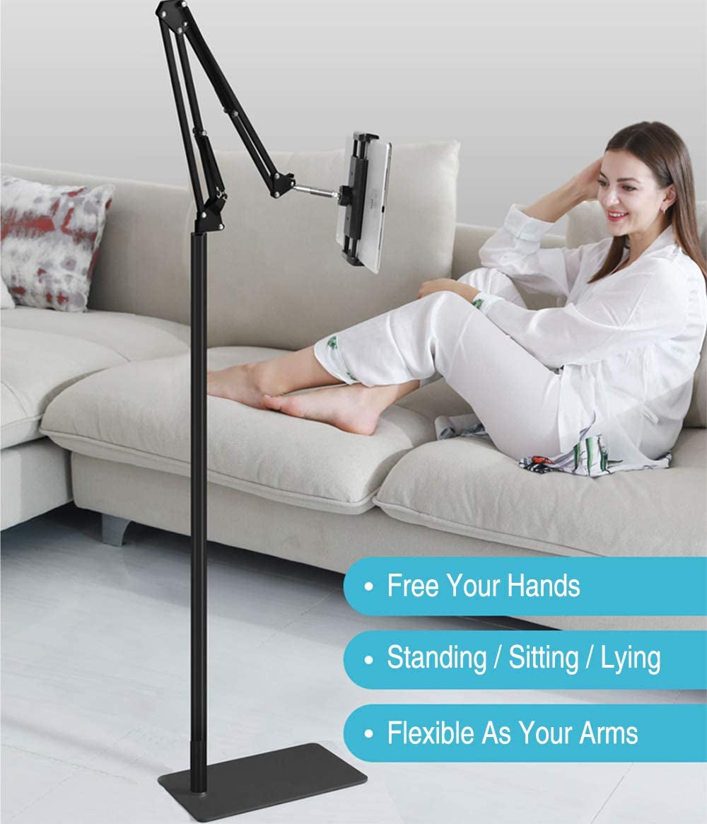 Tablet Floor Stand, Overhead Bed Phone Stand Angle Height Adjustable Holder, Universal Floor Stand Compatible with Iphone Ipad Pro Air Mini, Samsung Tab, Kindle, E-Readers…
