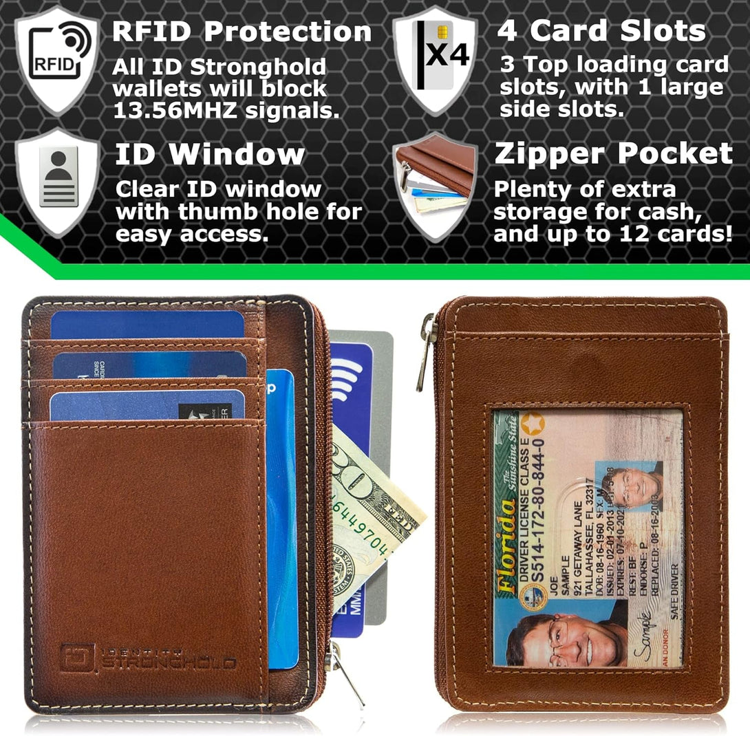 ID Stronghold RFID Front Pocket Wallet Mini Minimalist Wallet Slim Wallet Genuine Leather with Zipper (Antiqued Brown)