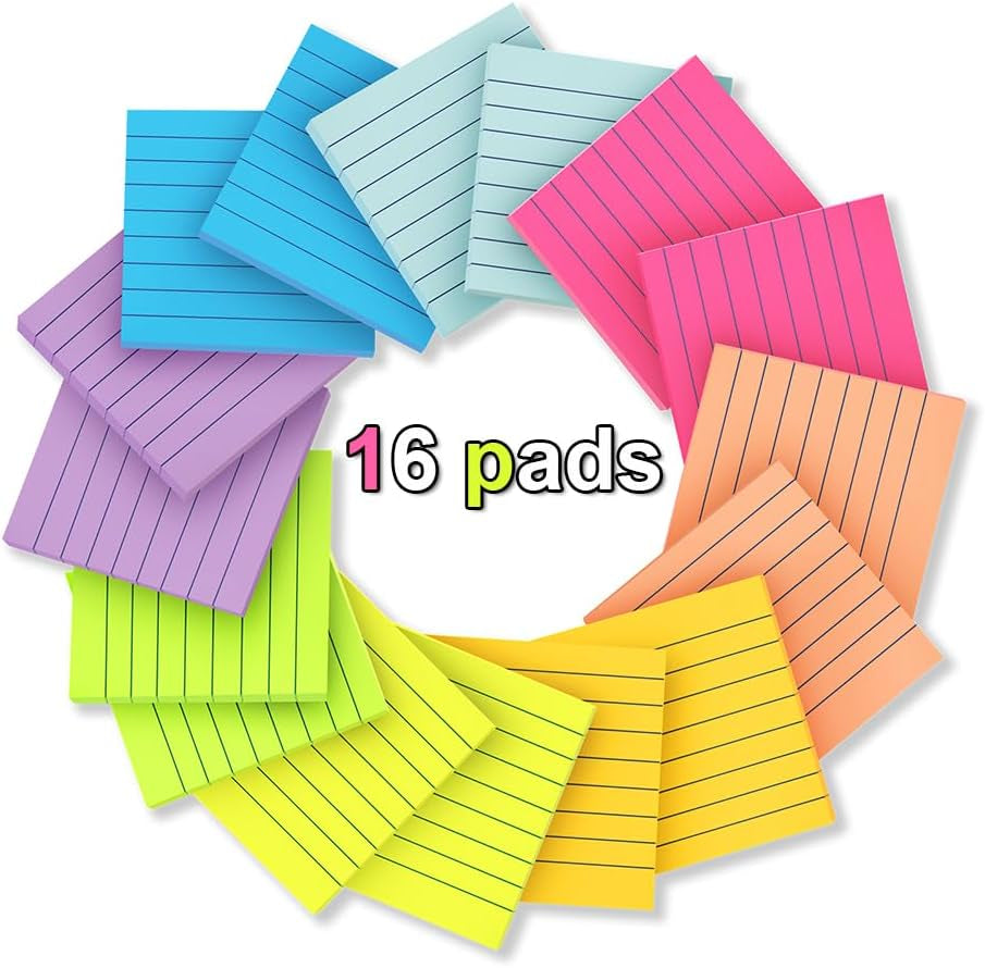 (16 Pack) Lined Sticky Notes 3X3 in Post Ruled Stickies Super Sticking Power Memo Pads Bright Colors