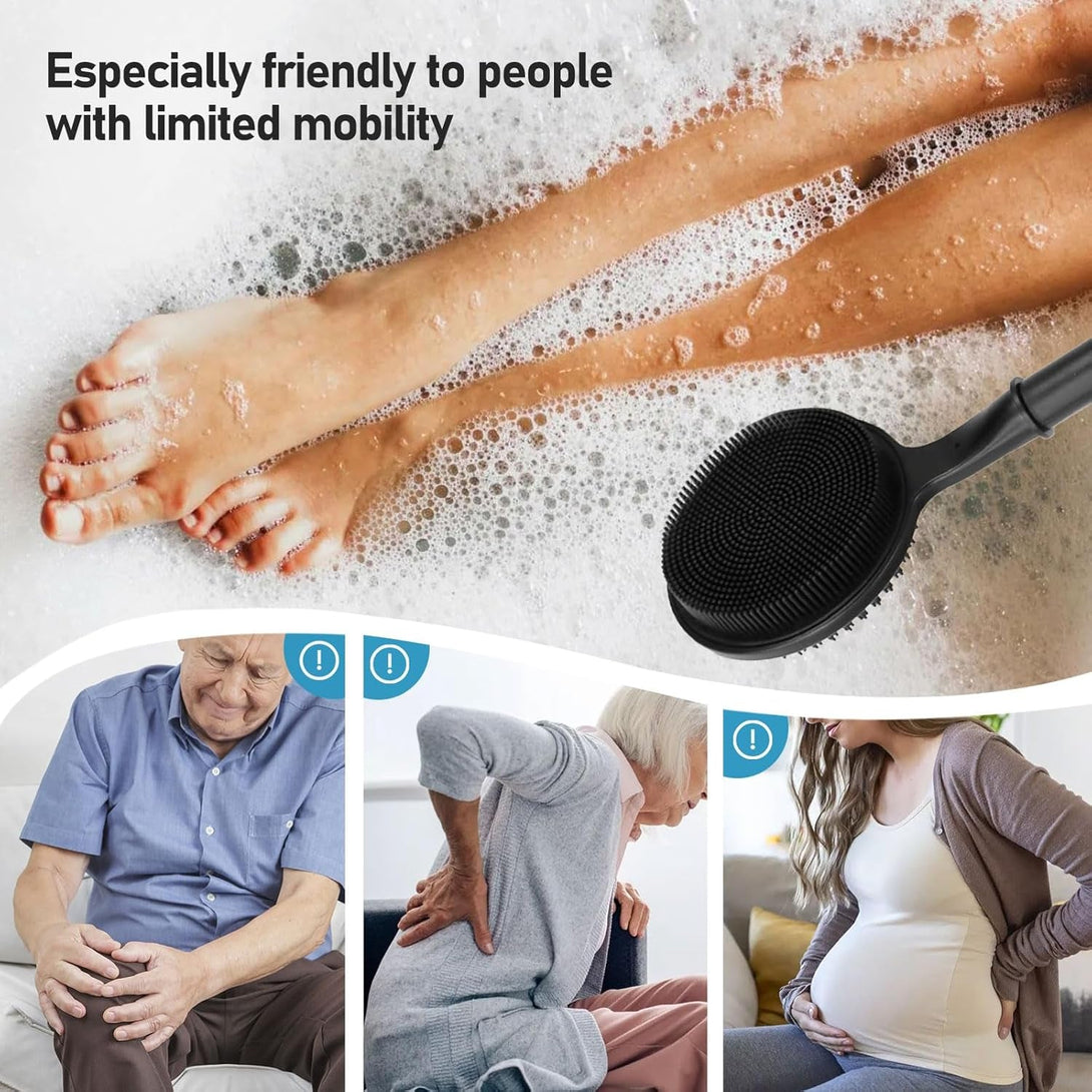Dual-Sided Silicone Back Scrubber for Shower - Adjustable Long Handle (15.75"-23.62") - Shower Back Brush with Exfoliating & Massage Nubs - Perfect for Elderly, Disabled, Limited Arm Movement(Black)