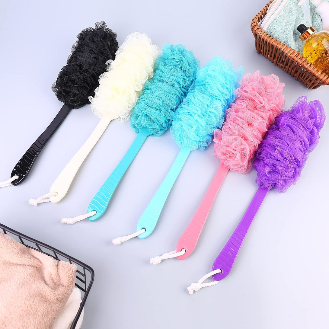 Back Scrubber Brush Long Handle for Shower, Loofah on a Stick Sponge Back Brush, Body Exfoliator Scrubber Bath Brush for Men Women, Exfoliating Cleaning Back Scrubber for Elderly (2 Pack-Green+Purple)