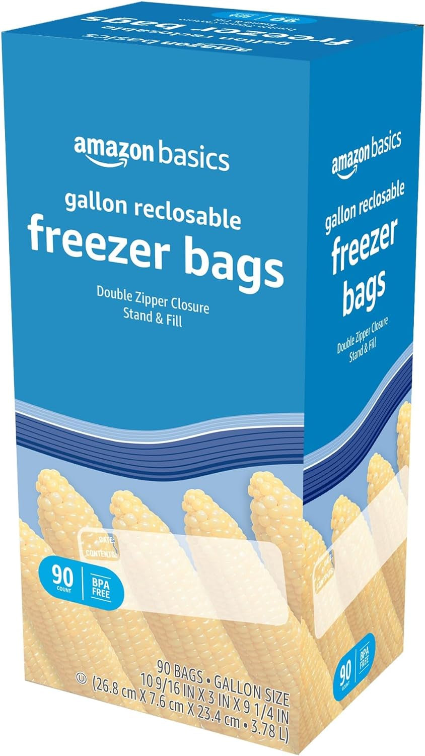 Amazon Basics Reclosable Freezer Gallon Bags, BPA Free, 90 Count (Previously Solimo)