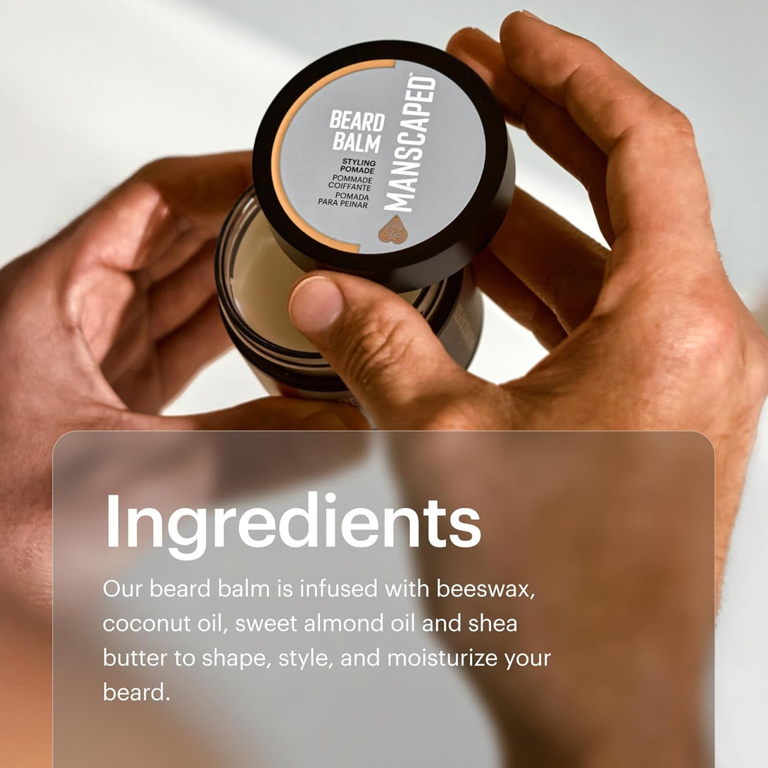 MANSCAPED® Beard Balm, Styling Pomade with Shea Butter, Coconut Oil & Beeswax - Moisturizes, Softens, Strengthens & Shines Beards, Mustaches & Facial Hair, for Sensitive Skin, (2 Oz) 1-Pack