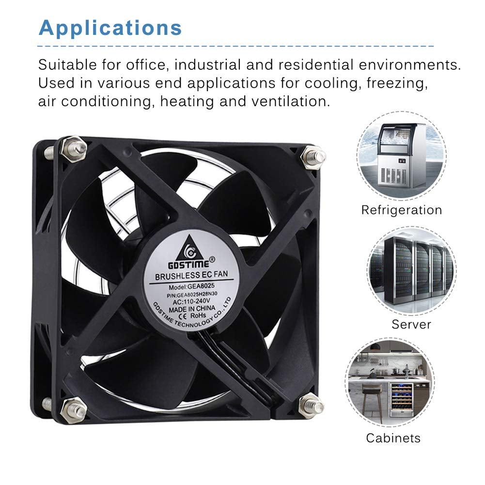 GDSTIME EC AXIAL 8025, Muffin Fan 110V 115V 120V 220V 240V AC 80Mm X 25Mm Small Brushless Cooling Fan with Switch Power Cord for DIY Ventilation Exhaust Projects