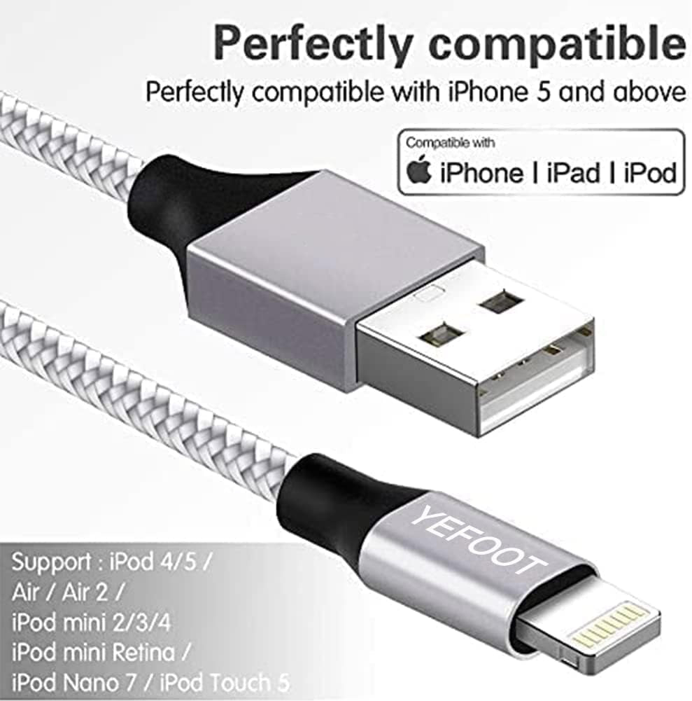 [Apple Mfi Certified] 6Pack(3/3/6/6/6/10Ft) Iphone Charger Nylon Braided Fast Charging Lightning Cable Compatible Iphone 14Pro/14/13Pro/13/12Pro/12/11And More-Silver&White