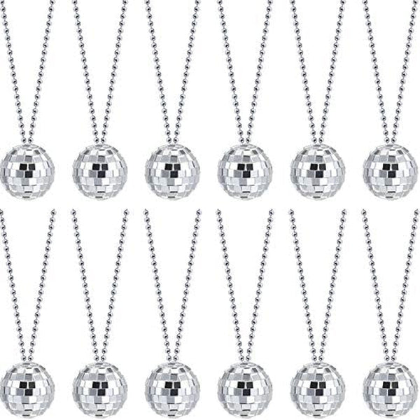12 Piece Mirror Disco Ball Costume Necklaces 70S Disco Party Necklaces for Home Decorations, 1.57 Inch Stage Props, Game Accessories, Halloween, Party Favor and Supplies(Silver)