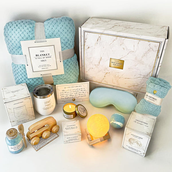 Birthday Gifts for Women Self Care Gifts Get Well Soon Gifts Baskets for Women after Surgery with Moon Lamp, 11PC Spa,Thinking of You Gift, Care Package for Mom Friend (Cyan)