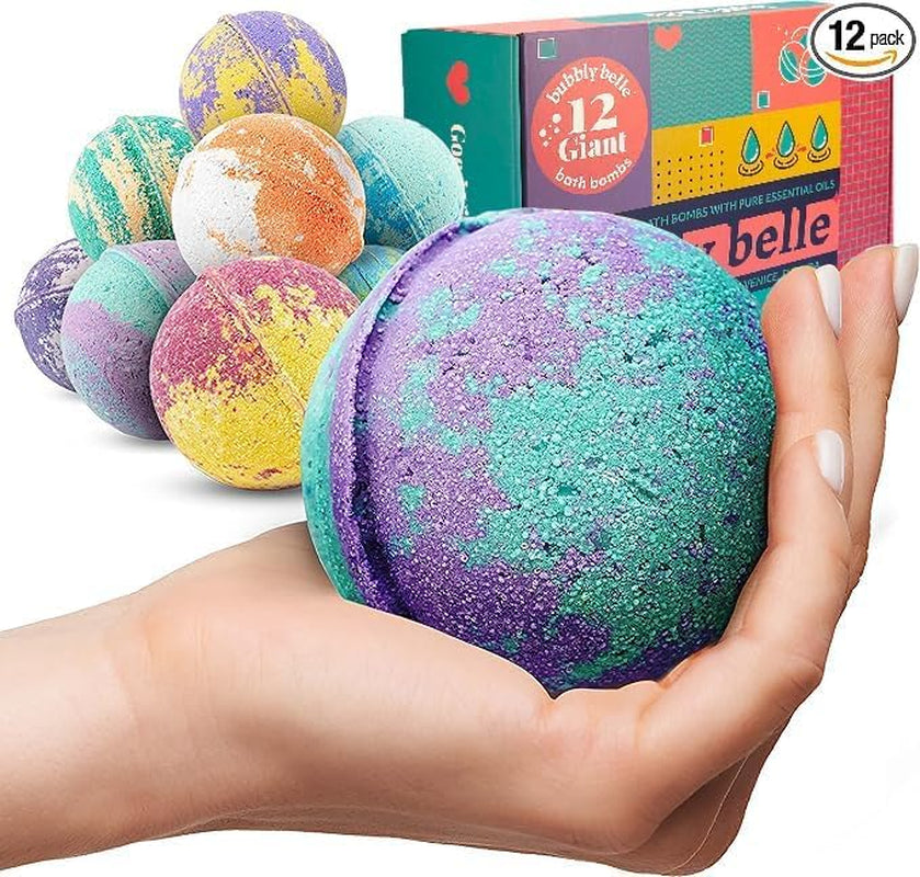 Bubbly Belle Bath Bombs XXL Gift Set, 12 Extra Large Handmade Aromatherapy Fizzies with Essential Oil Blends and Epsom Salt, Vegan for Women, Men, Kids