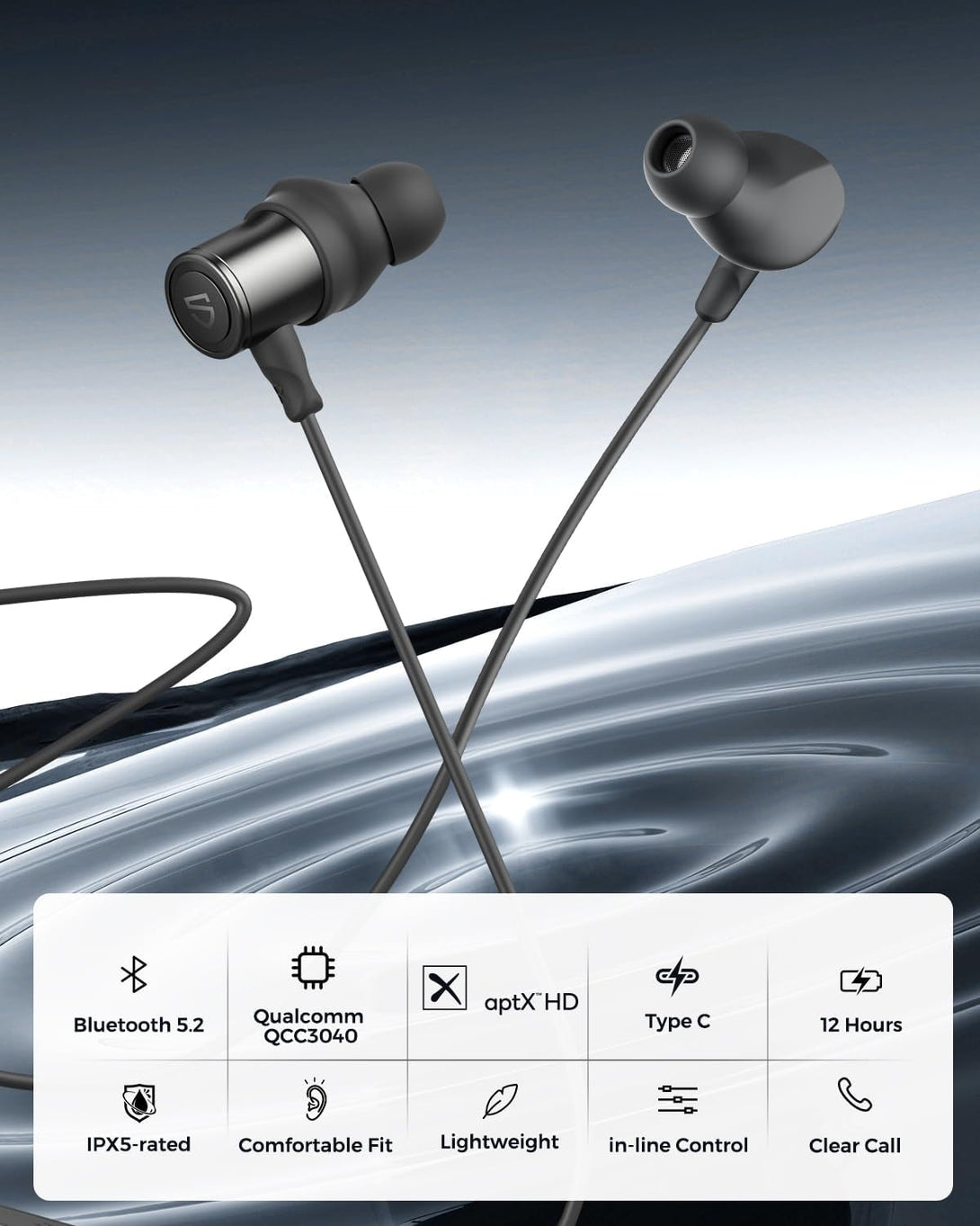 Soundpeats Q30 HD+ Bluetooth Headphones In-Ear Stereo Wireless 5.2 Magnetic Earphones IPX5 Sweatproof Earbuds with Mic for Sports, Immersive Bass, 10Mm Drivers, Aptx-Hd, 12 Hours Playtime, Type C