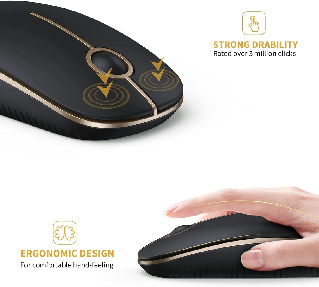 Vssoplor Wireless Mouse, 2.4G Slim Portable Computer Mice with Nano Receiver for Notebook, PC, Laptop, Computer (Black and Gold)