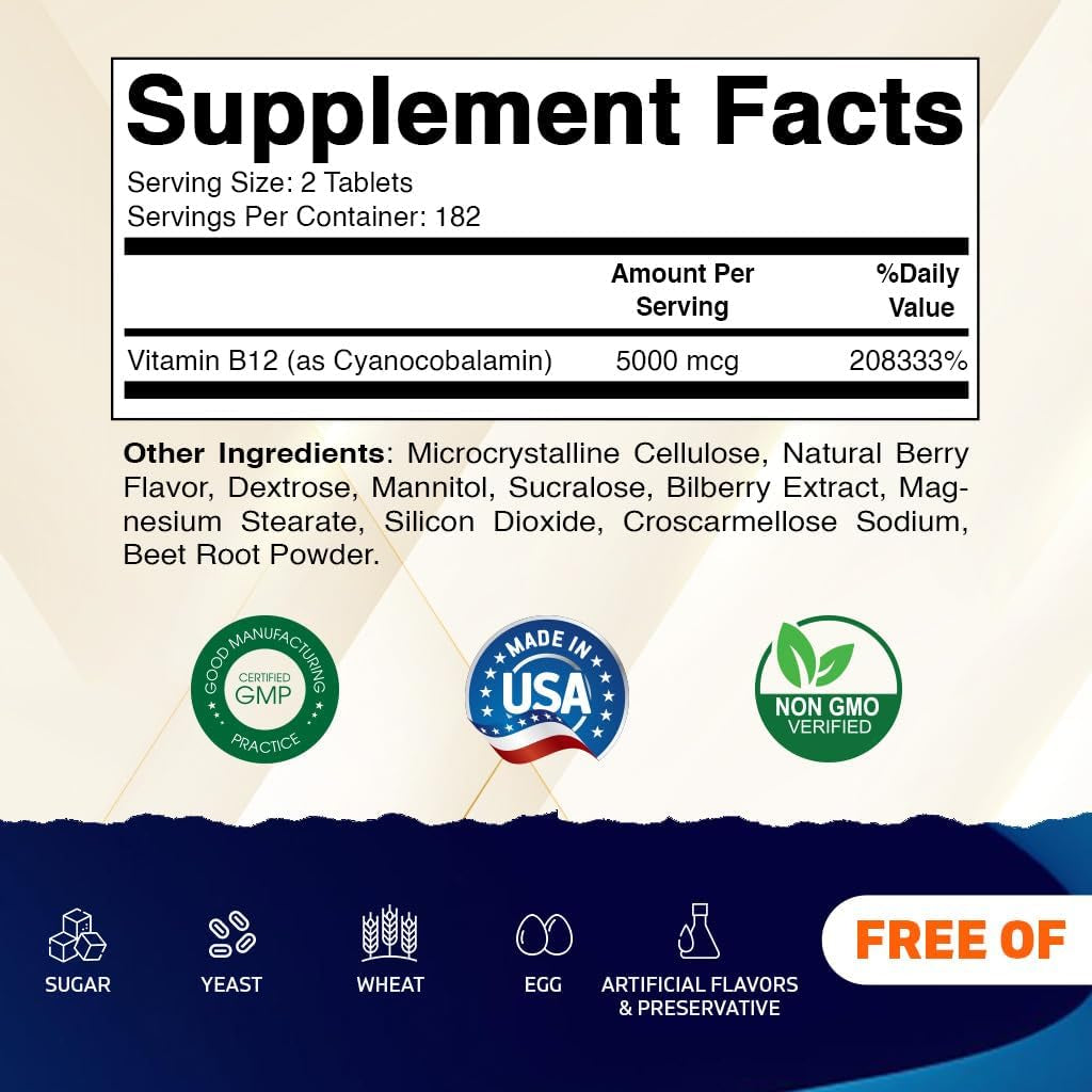 Vitamatic Vitamin B12 5000 Mcg – 365 Fast Dissolve Tablets Berry Flavor – Supports Energy Production & Nervous System Health – Non-Gmo, Gluten-Free