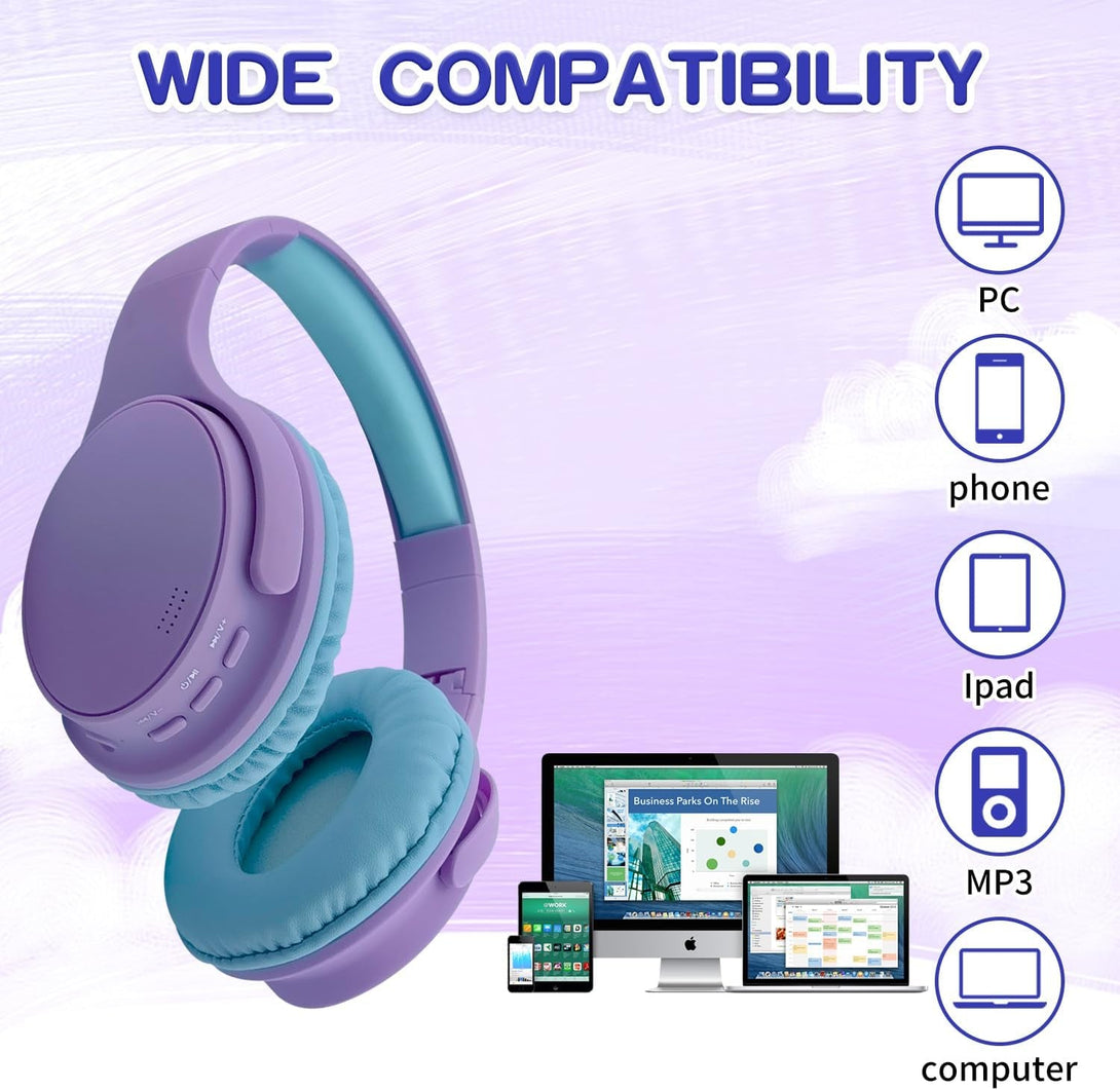 Kids Wireless Headphones, Bluetooth Headphones for Teen Kids, over Ear Toddler Headphones Foldable with Built-In Mic for Cell Phones TV Tablet School Network Boys Girls (E6 Purple)