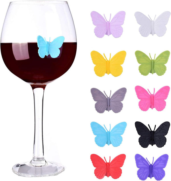 ALYC Wine Glass Markers Set of 10 Silicone Drink Glass Charms &Wine Charm Tags with Suction Cup (Butterfly Assorted)