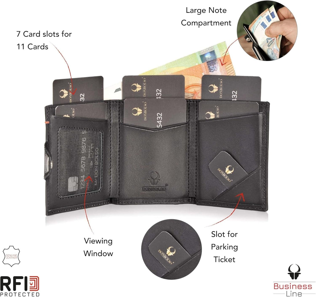 DONBOLSO Wallet Nextgen I Modern Slim Wallet without Coin Pocket I Trifold Purse with RFID Protection I up to 11 Cards I Genuine Leather Credit Card Holder for Men and Women I Nappa Black