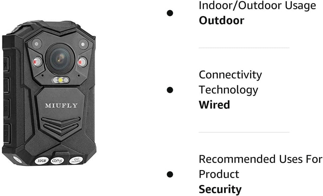 MIUFLY 1296P HD Police Body Camera with 2 Inch Display, Night Vision, Built in 32G Memory and GPS for Security